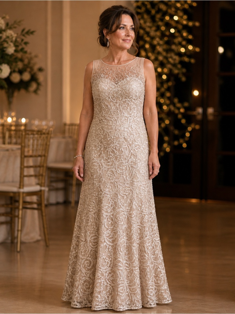 Ignite Evenings Champagne Lace Gown Size 16 Mother of the Bride Formal Dress